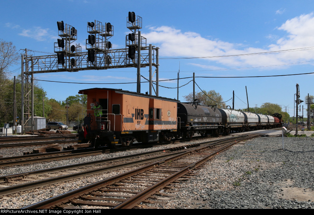 Caboose 57 leads the shove west toward the connection to the B&OCT